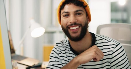 Aufkleber - Creative, face and man is happy in office, pride and ambition with digital animator in workplace. Confident, smile and person with artistic profession, portrait and opportunity at design startup