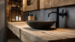 © Kateryna Arkhypova - Rustic wood bathroom sink with modern black fixtures and ambient lighting