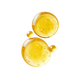 Macro shot of golden cosmetic oil drops with air bubbles. Viscous liquid texture on transparent background for beauty skincare product packaging.