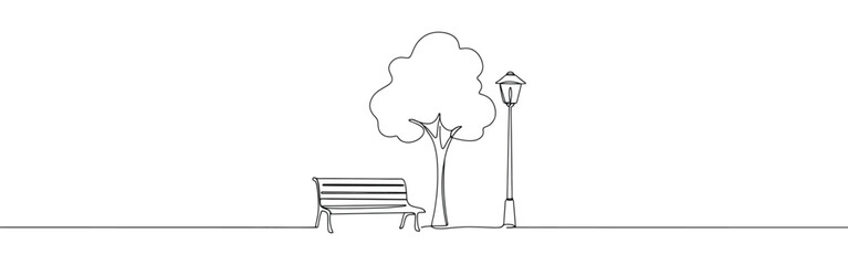 Bench in park near tree and lantern continuous one line drawing.