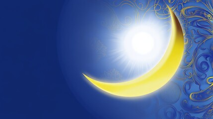 Wall Mural - a blue background with a yellow crescent moon. the moon is lit up by the sun. the image has a peacef