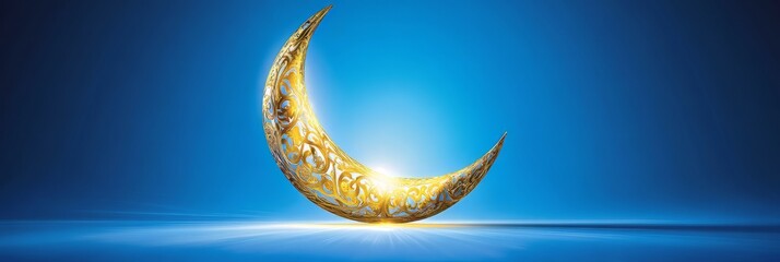 Wall Mural - a blue background with a yellow crescent moon. the moon is lit up by the sun. the image has a peacef