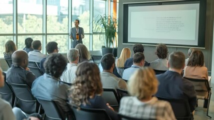 Poster - A diverse audience listens to a speaker in a well-lit conference room. Large windows and a screen enhance the presentation setting. Professional setting for knowledge transfer.