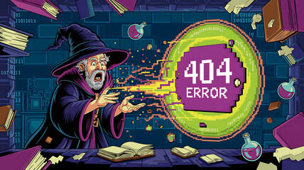 a wizard's spell backfires resulting in a pixelated 404 error amidst books potions and glowing digit