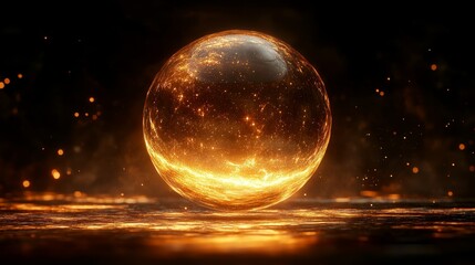Wall Mural - A glowing golden sphere floating in a deep black void, futuristic and elegant