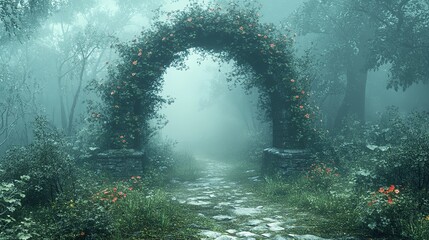 Wall Mural - Enchanted pathway through foggy garden archway mystical nature setting digital art ethereal atmosphere
