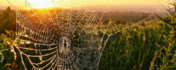 Close-up of a spider web with water droplets glistening on its surface