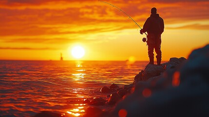 Wall Mural - fisherman at sunset. silhouette of angler on rocks