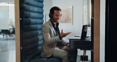 Aufkleber - Video call, laptop and talking with business man at airport lounge for sound proof booth, online meeting or webinar. Discussion, virtual conference and growth with employee and headphones as speaker