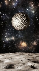 Wall Mural - a golf ball is floating in space. the ball is surrounded by stars. the stars are scattered all over 
