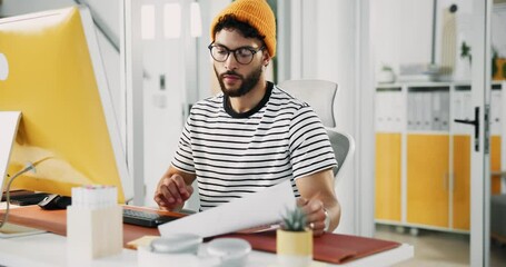 Aufkleber - Businessman, computer or document at desk for creativity, article editing or review in creative office. Journalist, typing or tech in agency for website update, topic research or paper for planning