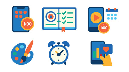 Flat vector icons of digital self-limitation: setting app usage limits badge, using focus apps planner, limiting video streaming time badge, scheduling device-free hours badge, replacing screen time