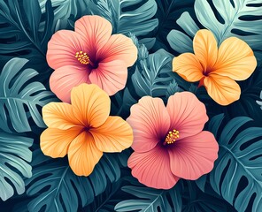  An illustration with white base and soft Hawaiian flowers and palm leaves in pastel tones for a relaxed summer mood