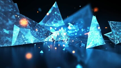 Shattered Blue Glass Fragments Animation with Orange Bokeh on Dark Glossy Surface a Metallic Cyberpunk Visual Effect Element