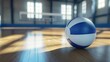 © Sampao - Close-up of a volleyball lying on the polished wood floor of an indoor court