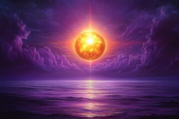 Wall Mural - Radiant bright sun glowing above calm purple ocean under a starry sky with dramatic clouds, evoking a sense of wonder and tranquility