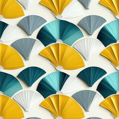 Leinwandbilder - Abstract geometric pattern of overlapping semi-circular fan shapes in yellow, teal, light blue, gray, and white creating a harmonious and rhythmic visual texture