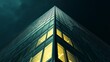 © THUA - A towering glass office building with a lone corner office shining brightly against the dark sky, its glow symbolizing perseverance and dedication during late-night hours