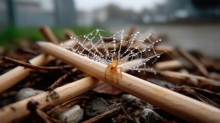 Tiny spider on wood with dew-covered web and natural outdoor background, macro close-up shot