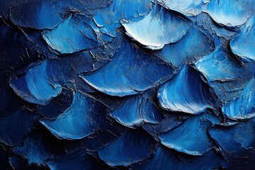 Leinwandbilder - Close-up of textured blue paint strokes layered thickly creating an abstract, dynamic pattern with rich shades of blue and hints of black and white
