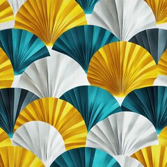 Leinwandbilder - Repeating pattern of overlapping fan shapes in teal, yellow, white, and black with textured fabric detail, creating a vibrant, dynamic visual effect