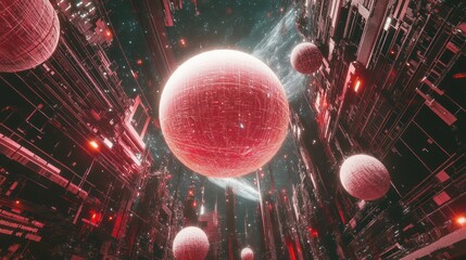 Wall Mural - futuristic red spheres float amongst complex structures in space