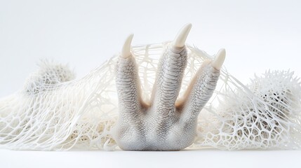Avian claw emerges from delicate web-like structure, white background