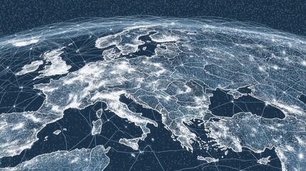 Wall Mural - conceptual visualization of global network connecting europe at night with lights.