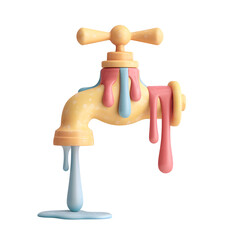 Fototapete - Vibrant 3D pastel colored depicting a playful abstract faucet fixture with flowing water droplets against a clean minimal white background