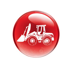 Poster - Minimalist red glossy icon depicting a front loader and rear digging excavator representing heavy construction equipment and