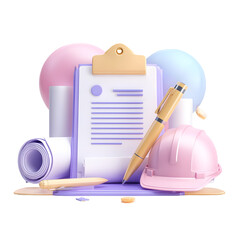Poster - 3D rendering of a construction agreement document with a pen clipboard and safety helmet on a minimalist pastel colored backdrop