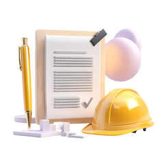 Poster - A pastel colored scene depicting a construction agreement document a safety helmet and a pen arranged neatly on a white background representing the planning and involved in construction projects