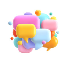 Fototapete - Colorful 3D pastel message bubbles with soft edges and ellipsis floating against a clean white background conveying a vibrant and friendly digital communication concept