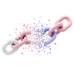 Fototapete - Vibrant pastel colored 3D visual of a chain link breaking apart with dotted fragments scattering and flying in a dynamic abstract composition
