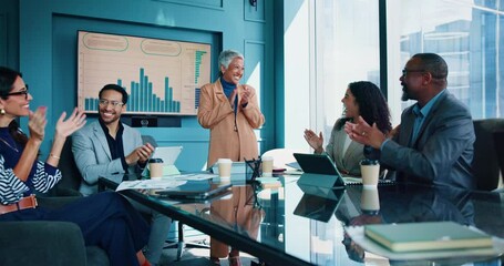 Aufkleber - Business people, applause or screen in office for presentation, industry growth or positive feedback. Speaker, team or clapping in boardroom for company achievement, budget review or funding approval
