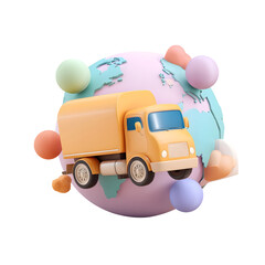 Fototapete - A vibrant 3D of a toy delivery truck driving in front of a pastel colored globe symbolizing the global reach and interconnectedness of modern logistics and transportation services