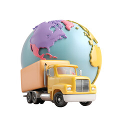 Fototapete - A bright pastel colored delivery truck positioned before a stylized world map globe representing the international logistics and transportation industry