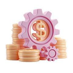 Aufkleber - Vibrant 3D pastel depicting a gear mechanism and stacks of coins with a dollar symbol symbolizing the importance of efficient financial and industrial cost management for business success and growth