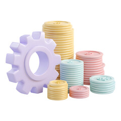 Leinwandbilder - Soft hued 3D depiction of a stack of coins beside a stylized gear representing the finance and industry sectors