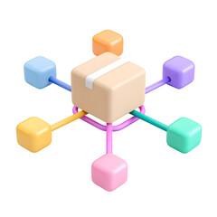 Fototapete - A 3D pastel colored depicting a parcel box surrounded by a vibrant network of connected nodes representing the logistics and distribution processes