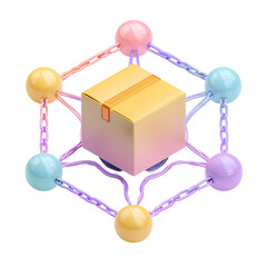 Leinwandbilder - 3D pastel of a parcel box surrounded by a vibrant network of connected nodes representing a modern logistics distribution system