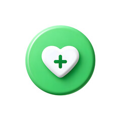 Fototapete - A minimalist green circular button with a white heart and medical cross symbol representing healthcare wellness and emergency aid