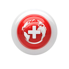 Leinwandbilder - Minimalist 3D rendering of a red circular icon with a white medical cross and an outline of the Earth globe symbolizing international healthcare and emergency services