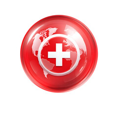 Poster - 3D of a minimalist red circular bubble containing a white medical cross and a globe representing international healthcare and emergency assistance