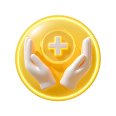 Poster - A 3D minimalist and glowing icon depicting hands gently holding and protecting a circular medical cross symbol in a vibrant yellow color scheme