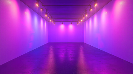 Wall Mural - abstract purple background with neon glow illuminating an empty room with spotlight effects