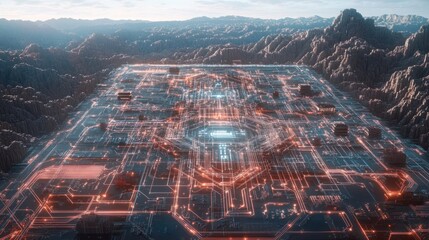Wall Mural - futuristic circuitry illuminated over landscape mountains and sky