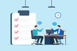 © VZ_Art - Flat illustration of consultant discussing tasks with client using checklist and desktop computer in office meeting
