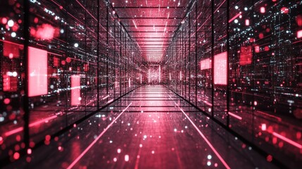 Wall Mural - a futuristic tunnel displaying data and light projections with red tones