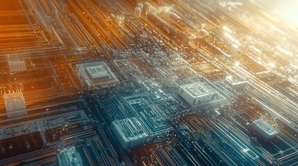 Wall Mural - a close up futuristic circuit board with orange and blue hues